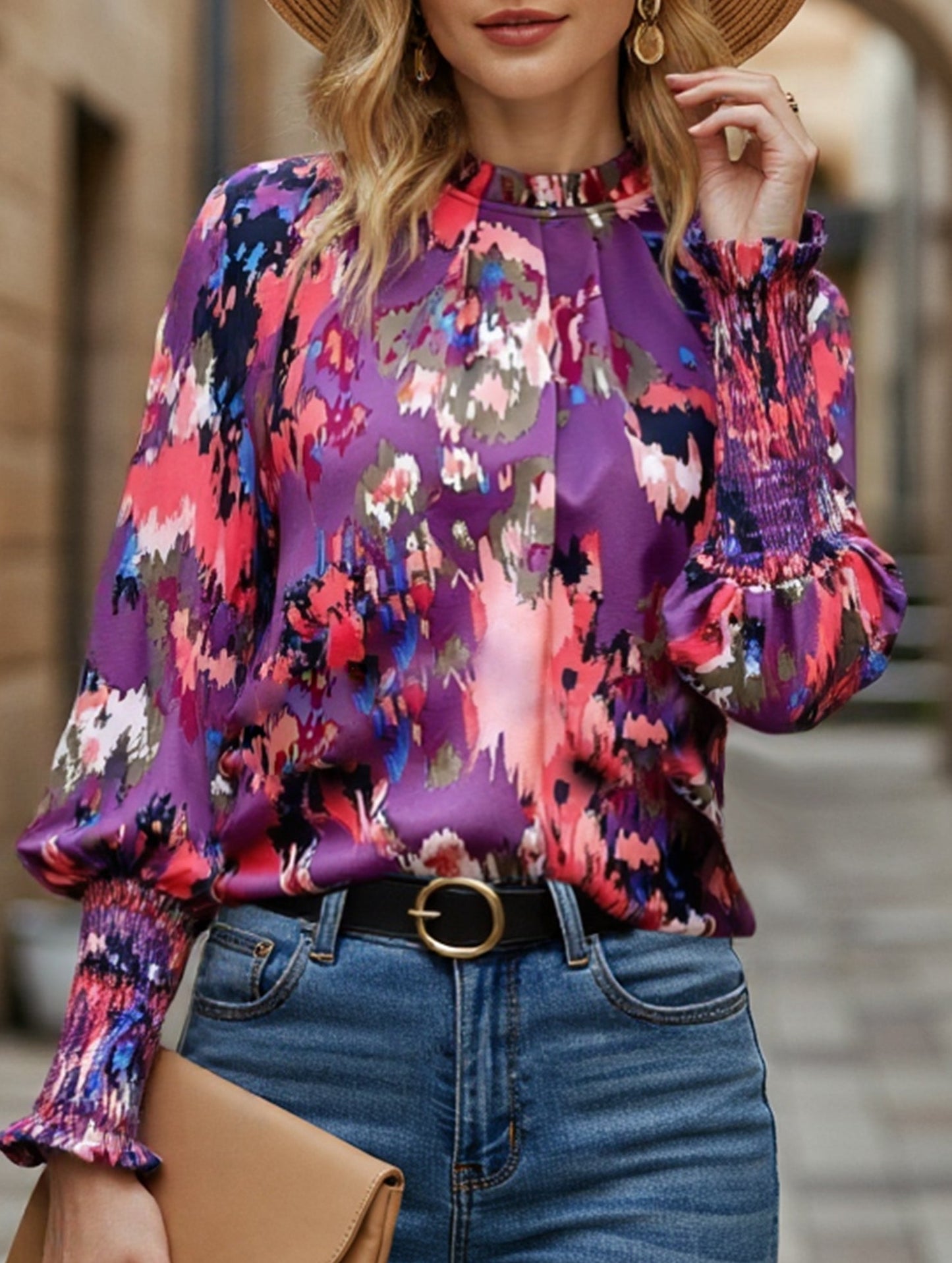 WOMEN FITTED SMOCK CUFF MARBLE PRINTING BLOUSE