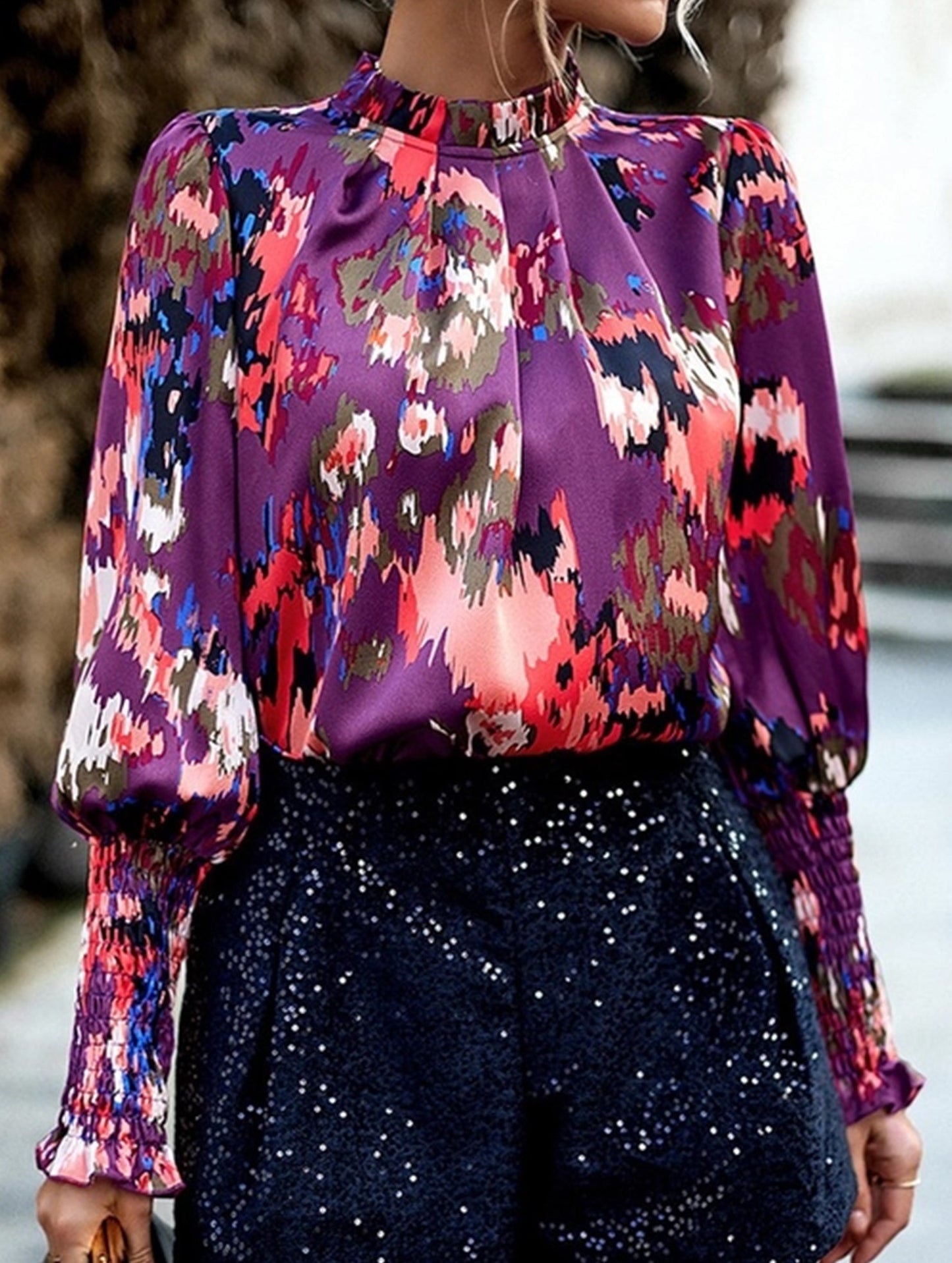 WOMEN FITTED SMOCK CUFF MARBLE PRINTING BLOUSE