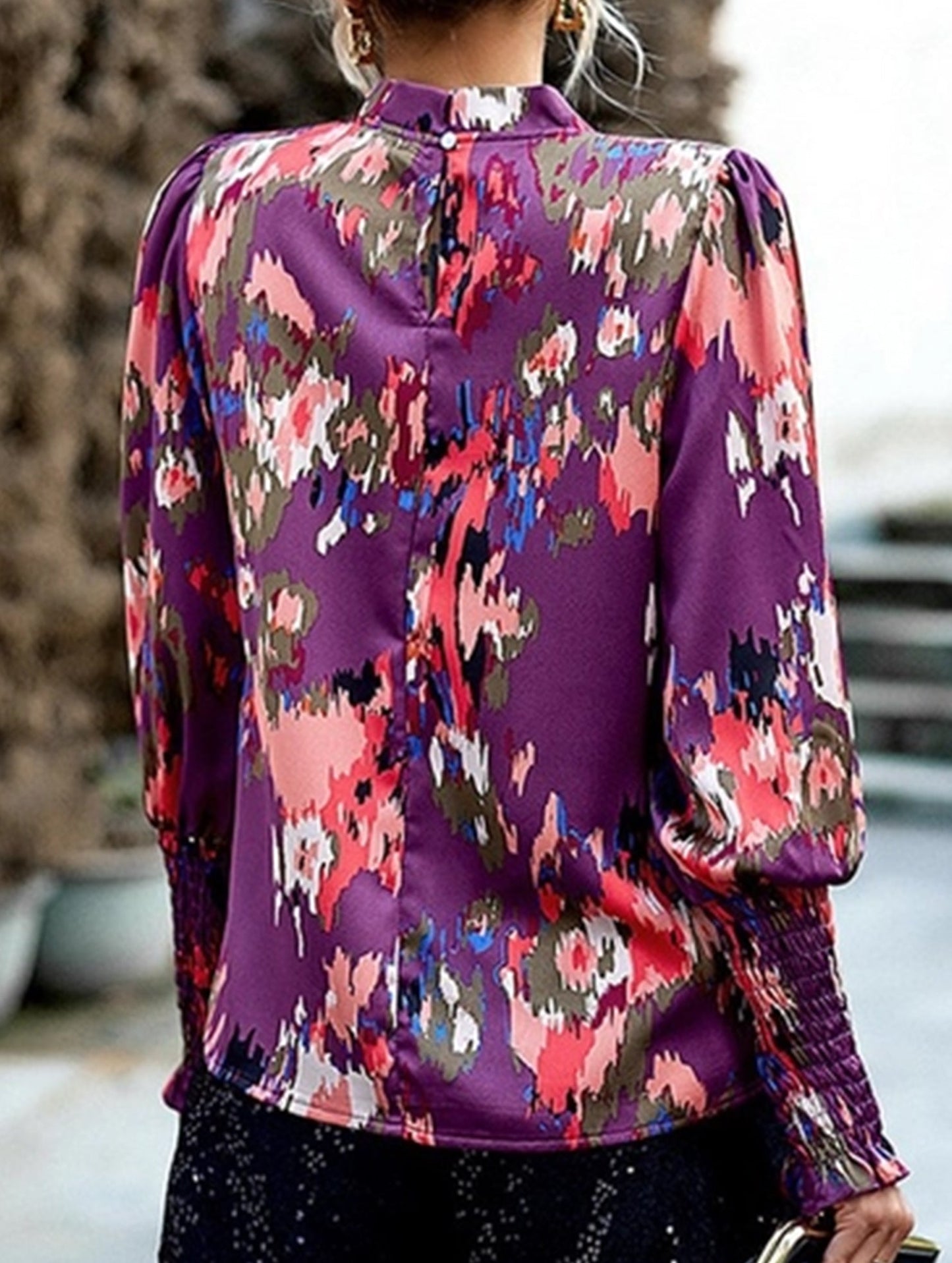 WOMEN FITTED SMOCK CUFF MARBLE PRINTING BLOUSE