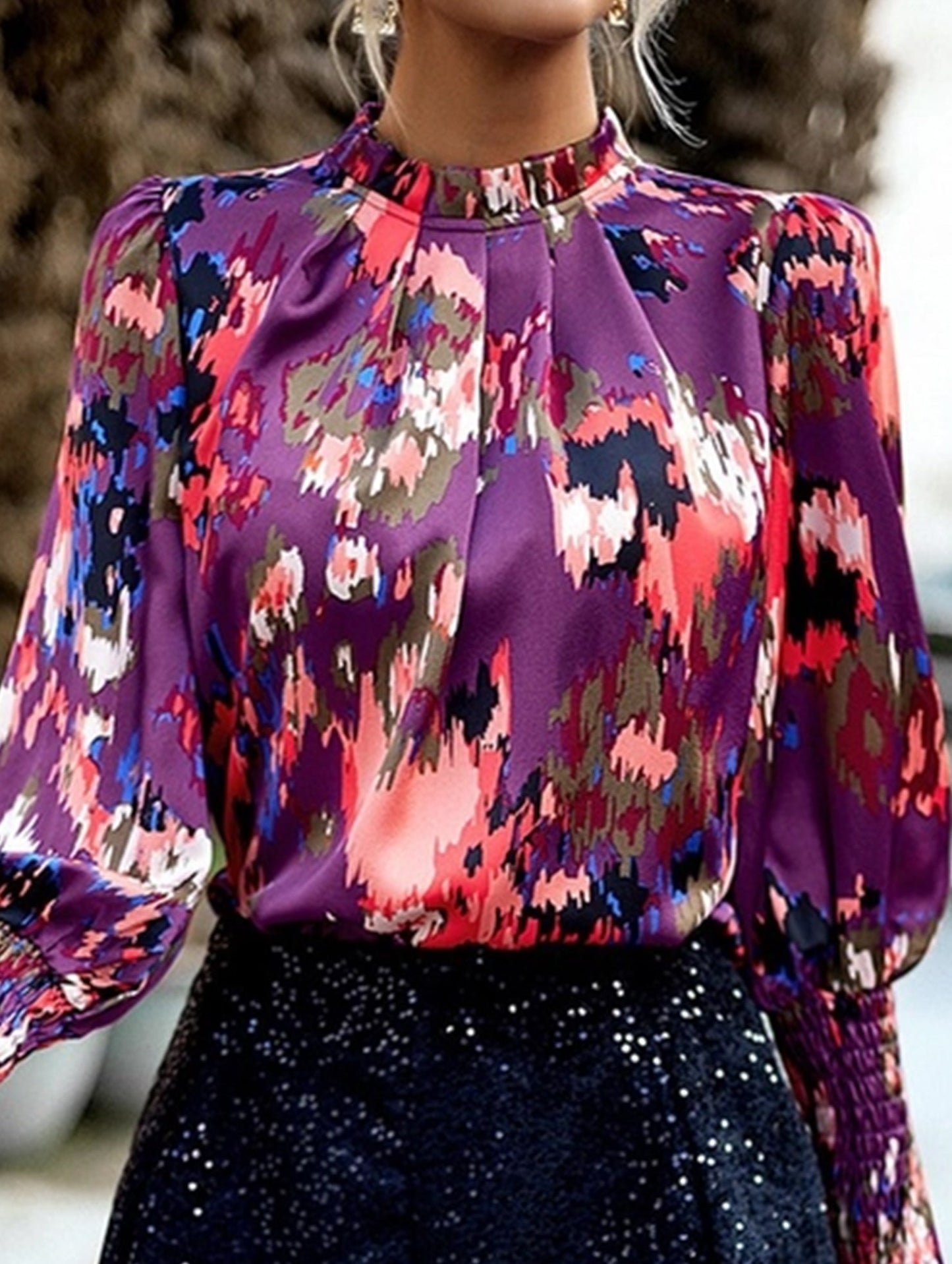 WOMEN FITTED SMOCK CUFF MARBLE PRINTING BLOUSE