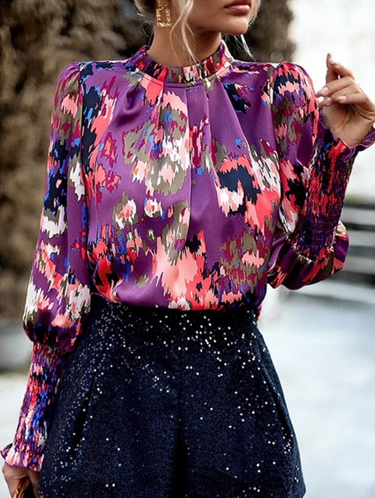 WOMEN FITTED SMOCK CUFF MARBLE PRINTING BLOUSE