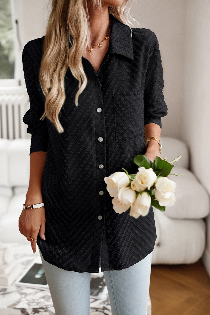 WOMEN LACE TRIM BUTTON UP BLOUSE WITH POCKET