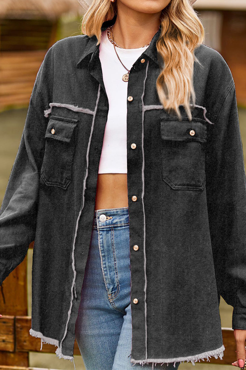 WOMEN DISTRESSED HEM BUTTON UP DENIM SHIRT
