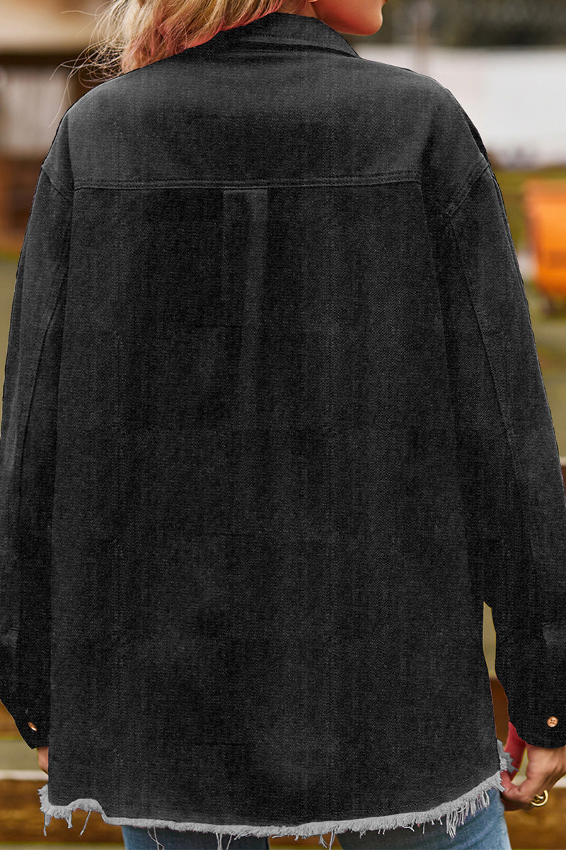 WOMEN DISTRESSED HEM BUTTON UP DENIM SHIRT