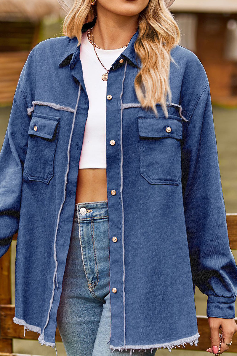 WOMEN DISTRESSED HEM BUTTON UP DENIM SHIRT