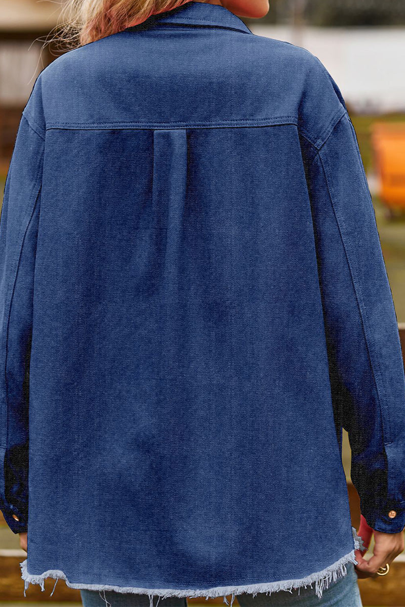 WOMEN DISTRESSED HEM BUTTON UP DENIM SHIRT