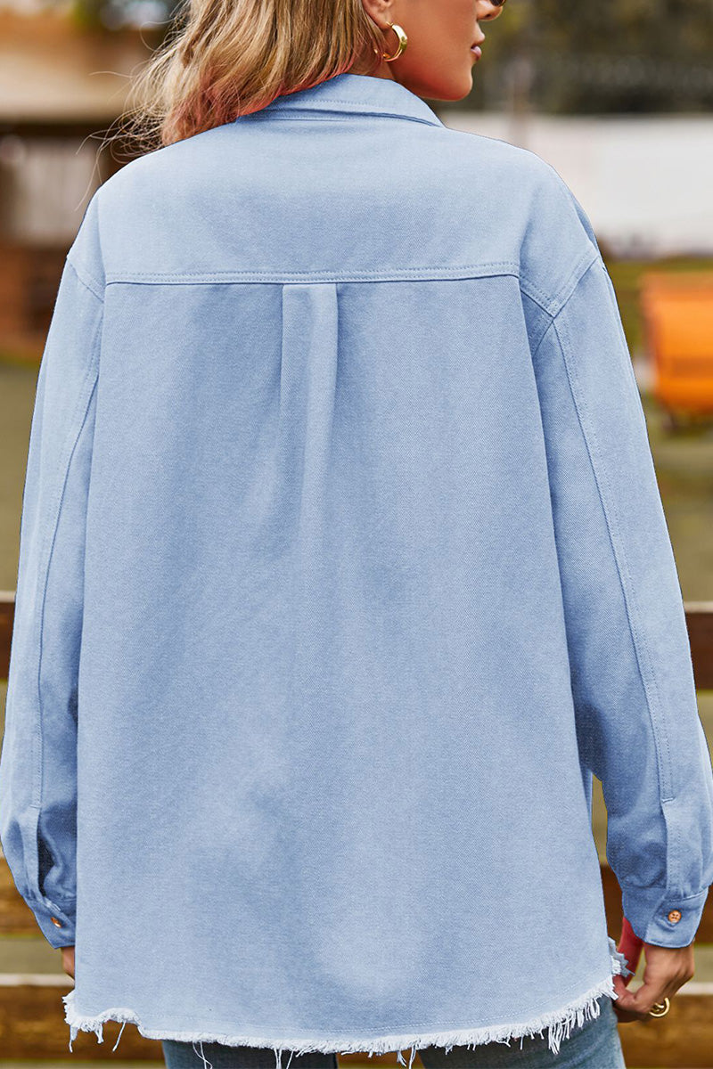 WOMEN DISTRESSED HEM BUTTON UP DENIM SHIRT