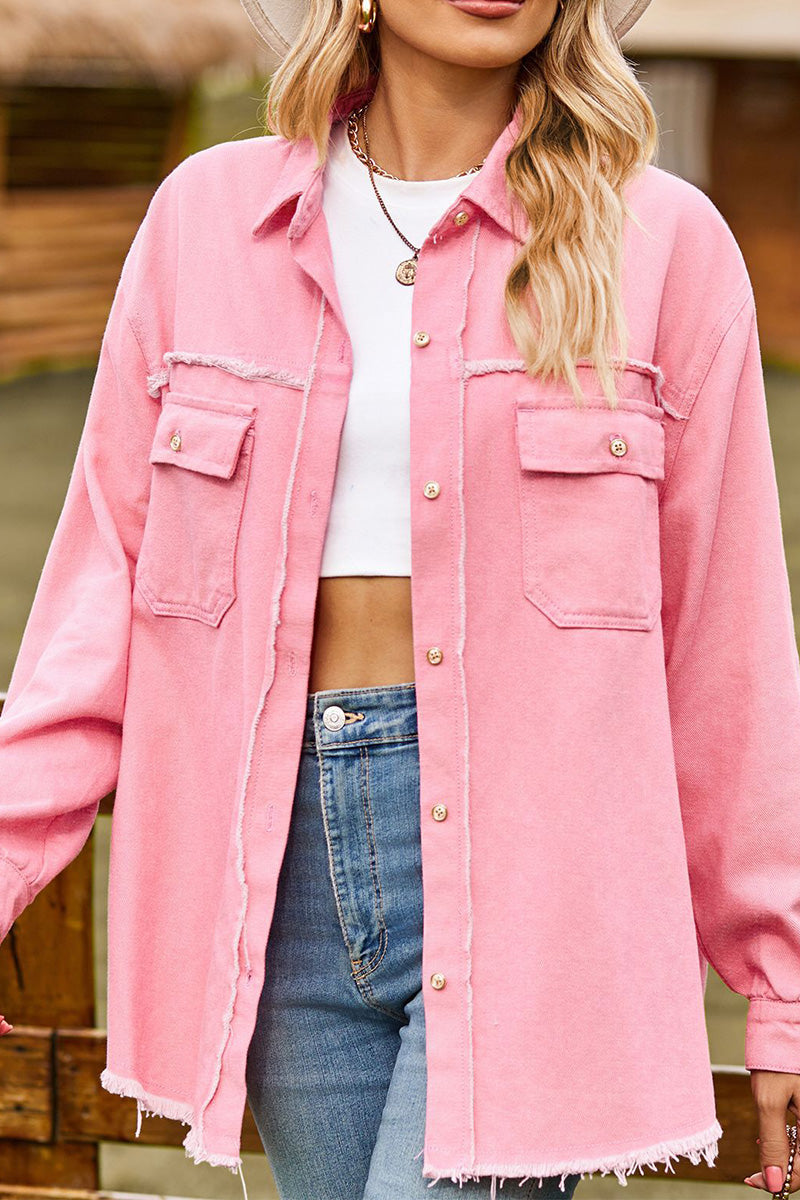 WOMEN DISTRESSED HEM BUTTON UP DENIM SHIRT