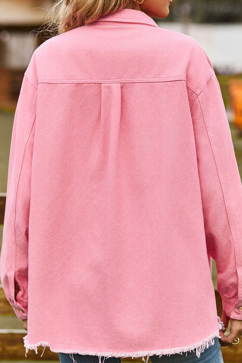 WOMEN DISTRESSED HEM BUTTON UP DENIM SHIRT