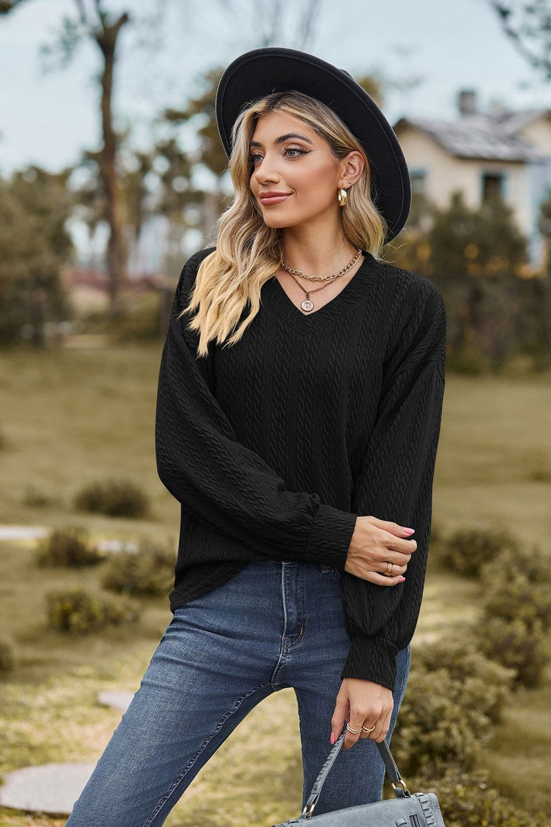 WOMEN V NECK LOOSE FIT LONG SLEEVE T SHIRT