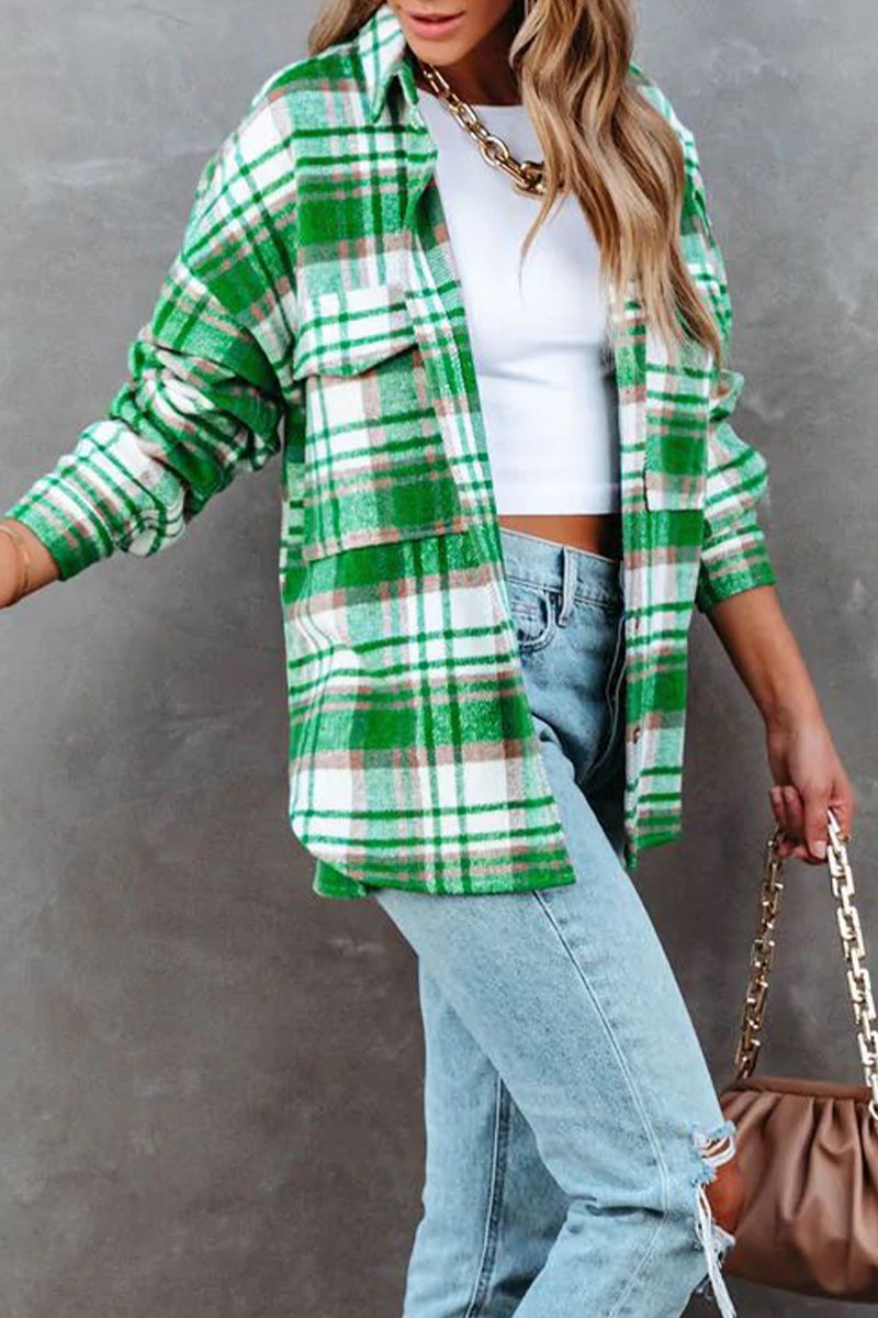 WOMEN GREEN PLAID PATTERN BUTTON DOWN SHACKET