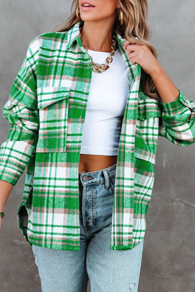 WOMEN GREEN PLAID PATTERN BUTTON DOWN SHACKET