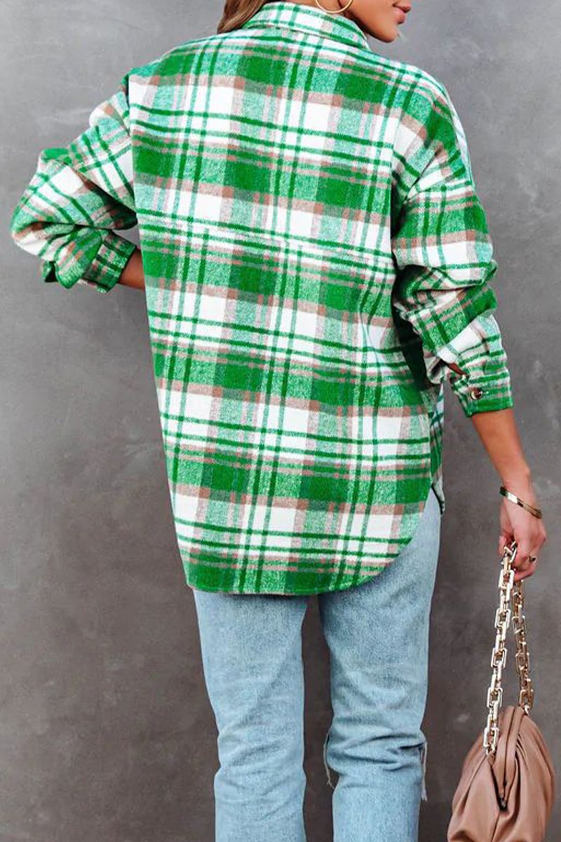 WOMEN GREEN PLAID PATTERN BUTTON DOWN SHACKET