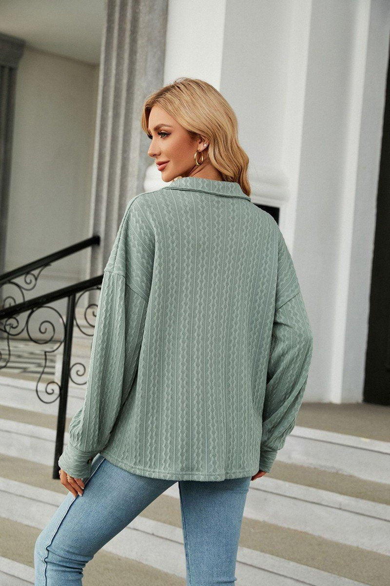 WOMEN CABLE PATTERN STITCHED BUTTON DOWN SHACKET