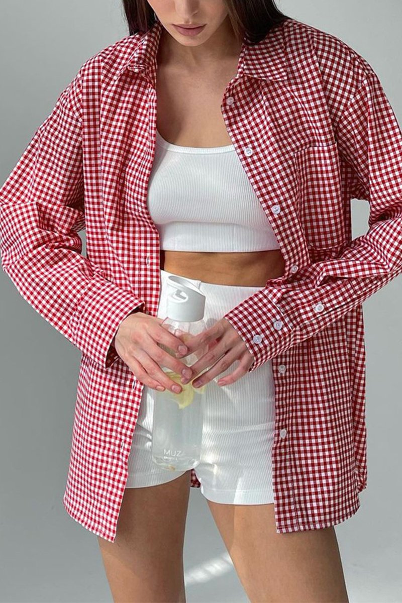 WOMEN DAILY BASIC PLAID RED BUTTON DOWN SHIRTS