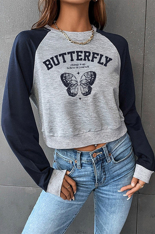 WOMEN BUTTERFLY PRINTING LONG SLEEVE CROP T SHIRT