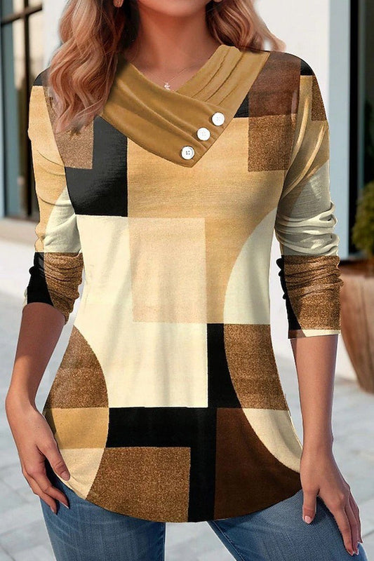 WOMEN GEOMETRY PATTERN V NECK CASUAL T SHIRT