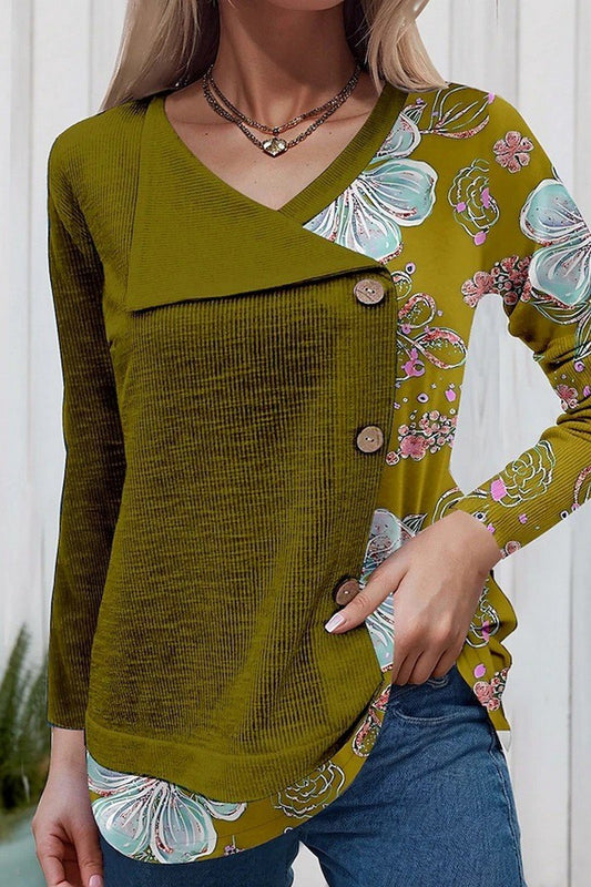 WOMEN DANDY FLORAL PRINTING BUTTONED T SHIRT