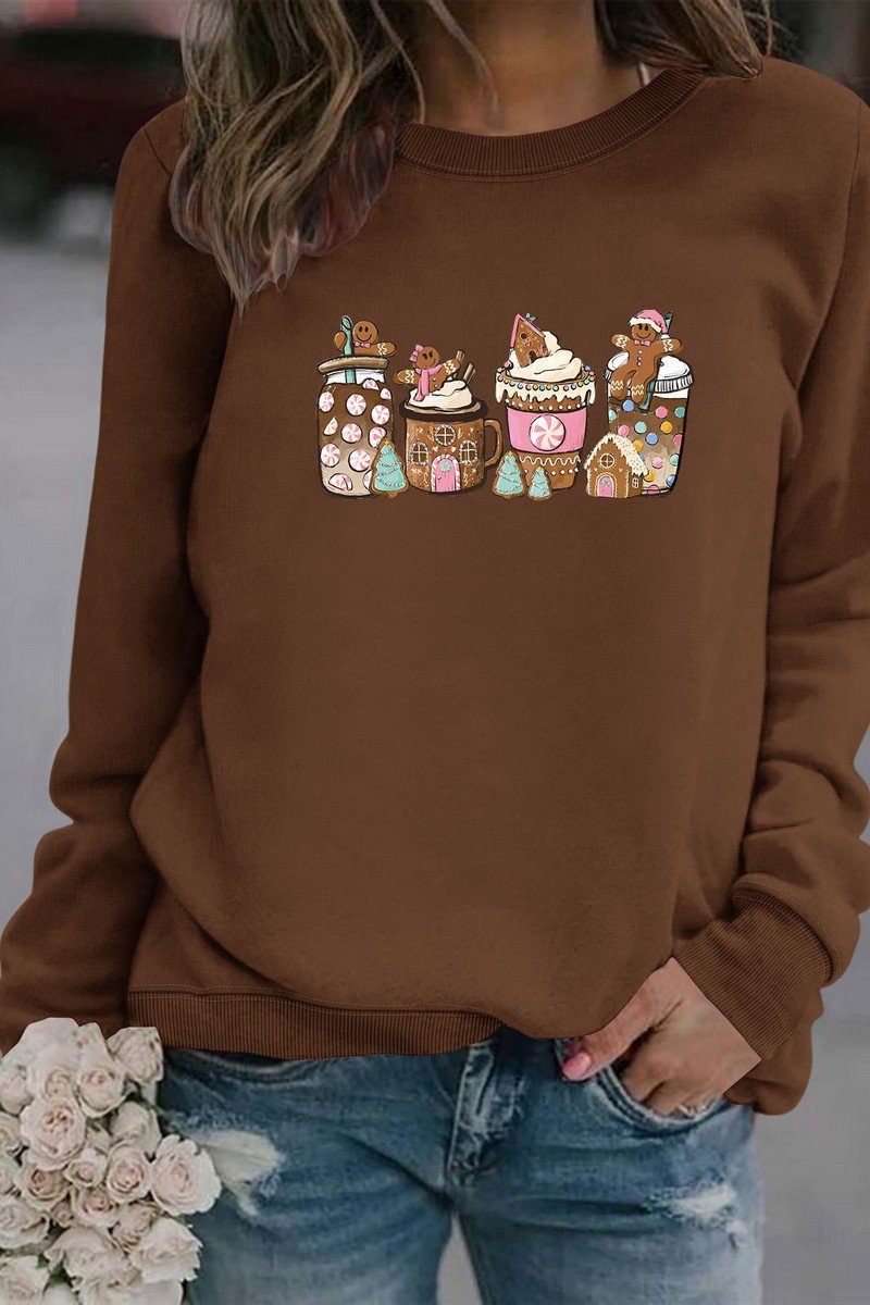 WOMEN CUTE PRINTING OVERSIZED RIBBED PULLOVER TOP