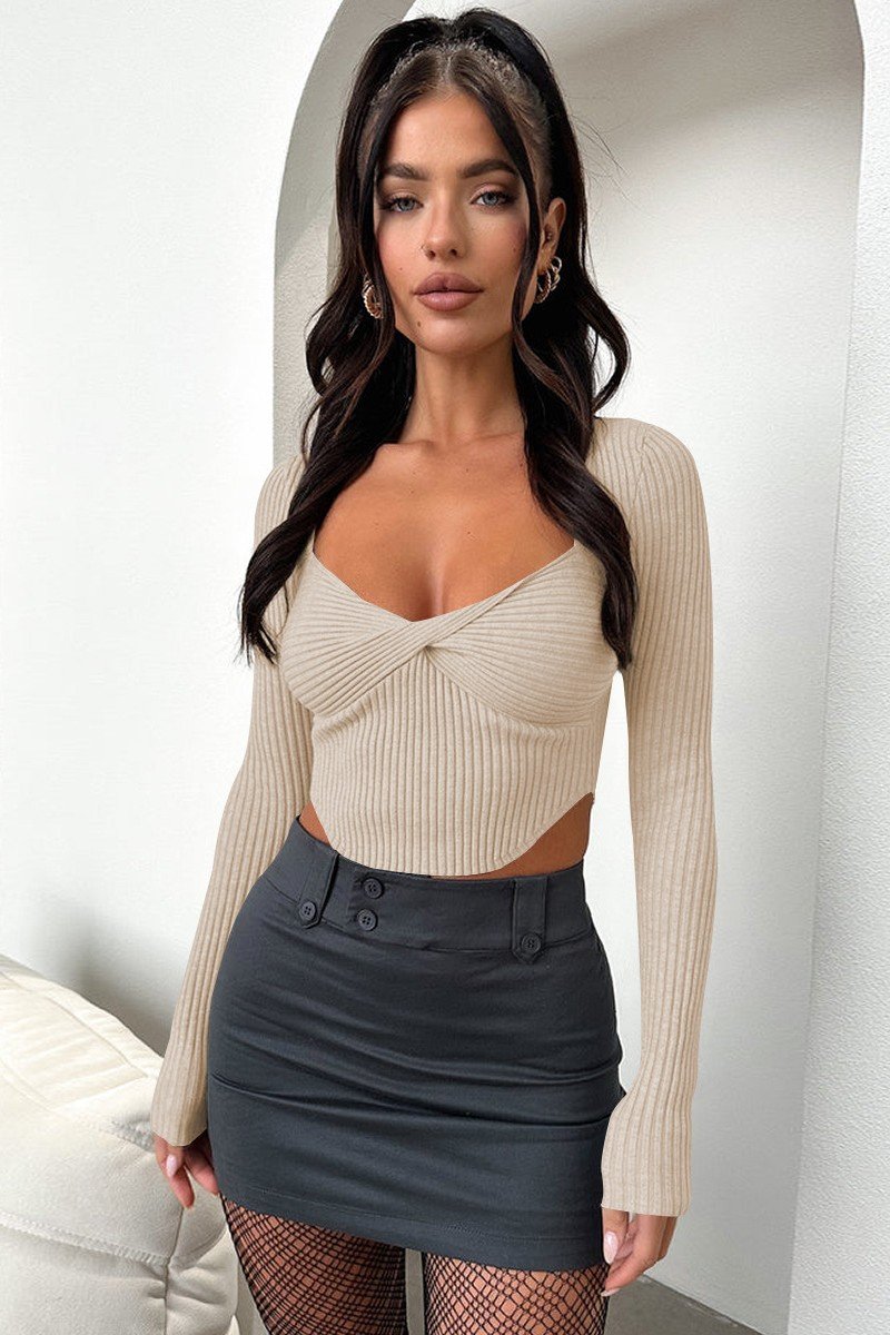WOMEN SEXY DEEP NECK TIGHT LONG SLEEVE CROP TOP