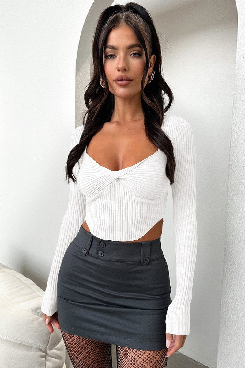 WOMEN SEXY DEEP NECK TIGHT LONG SLEEVE CROP TOP