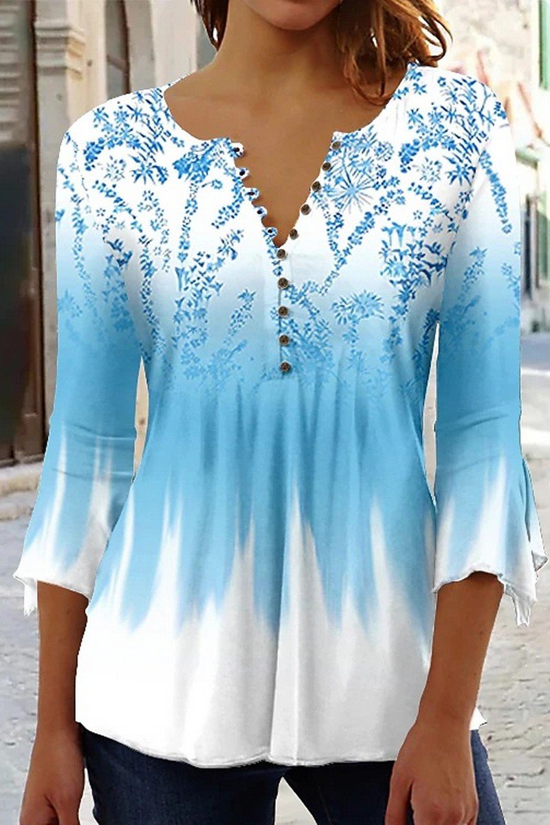 WOMEN HENLEY NECK PRINTED 3/4 SLEEVE T SHIRT