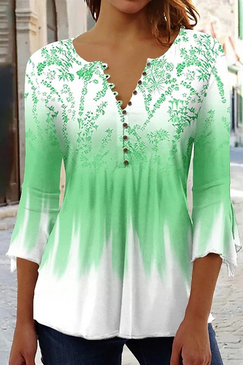 WOMEN HENLEY NECK PRINTED 3/4 SLEEVE T SHIRT