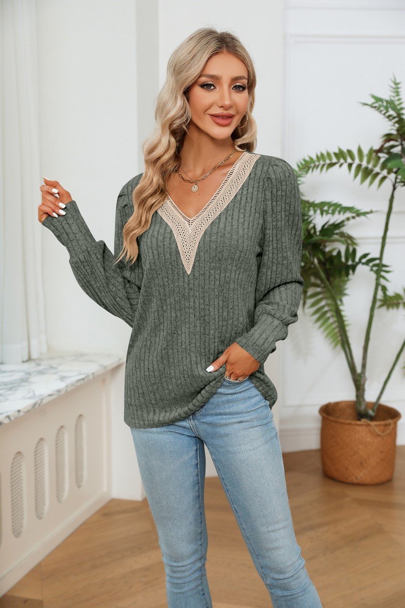 LACE V NECK RIB LOOSE LONG SLEEVE KNIT SHIRT