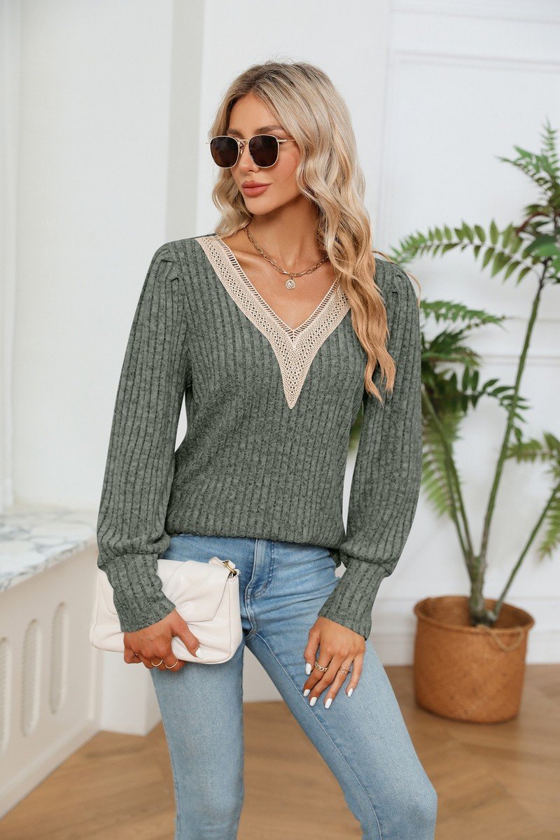LACE V NECK RIB LOOSE LONG SLEEVE KNIT SHIRT