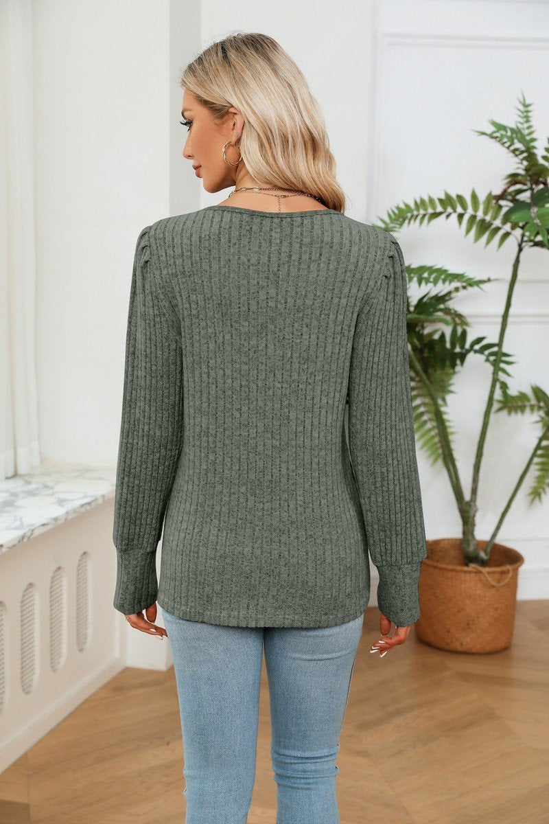 LACE V NECK RIB LOOSE LONG SLEEVE KNIT SHIRT