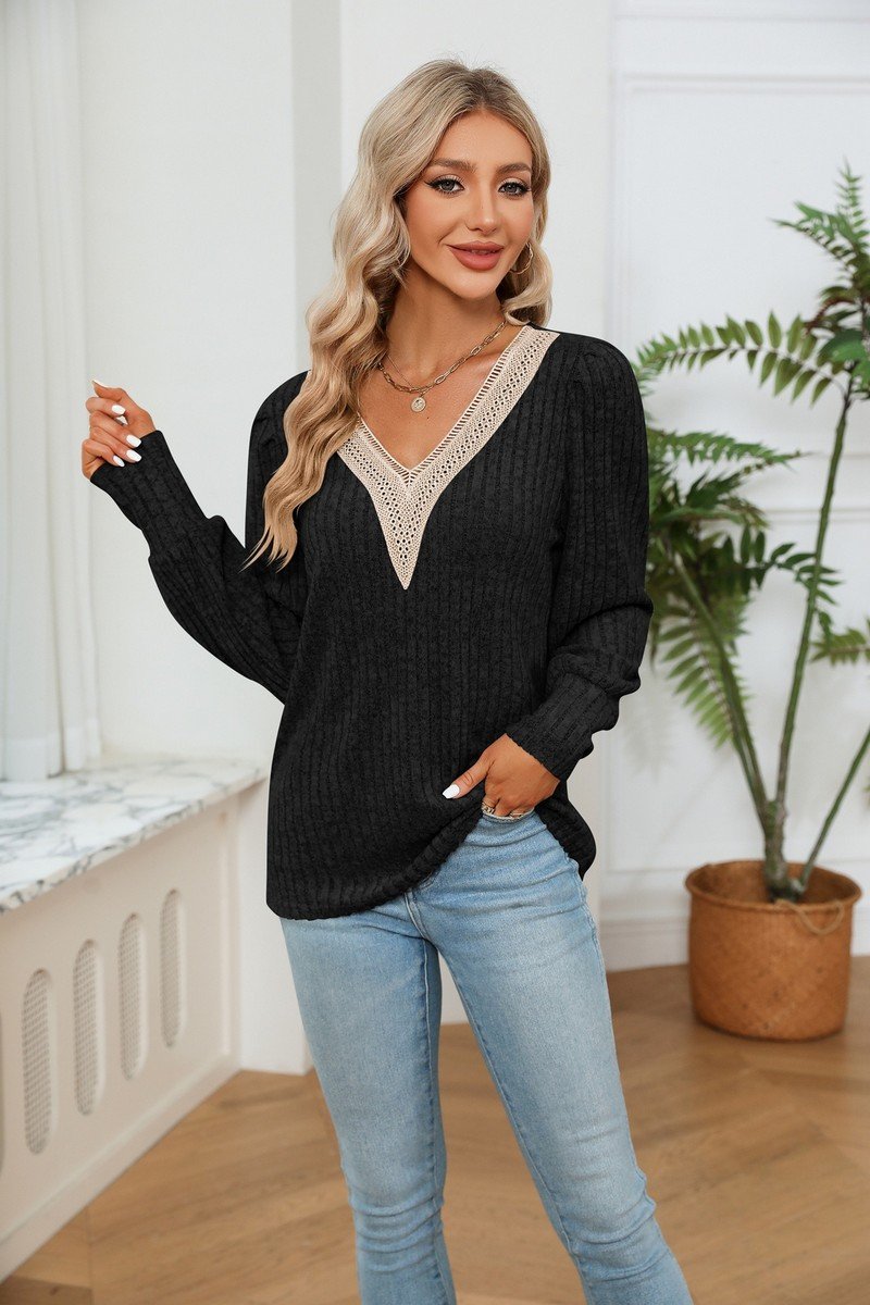 LACE V NECK RIB LOOSE LONG SLEEVE KNIT SHIRT