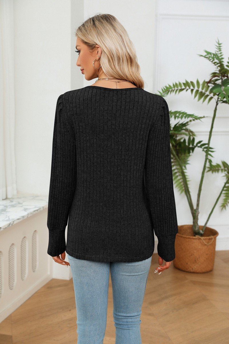 LACE V NECK RIB LOOSE LONG SLEEVE KNIT SHIRT