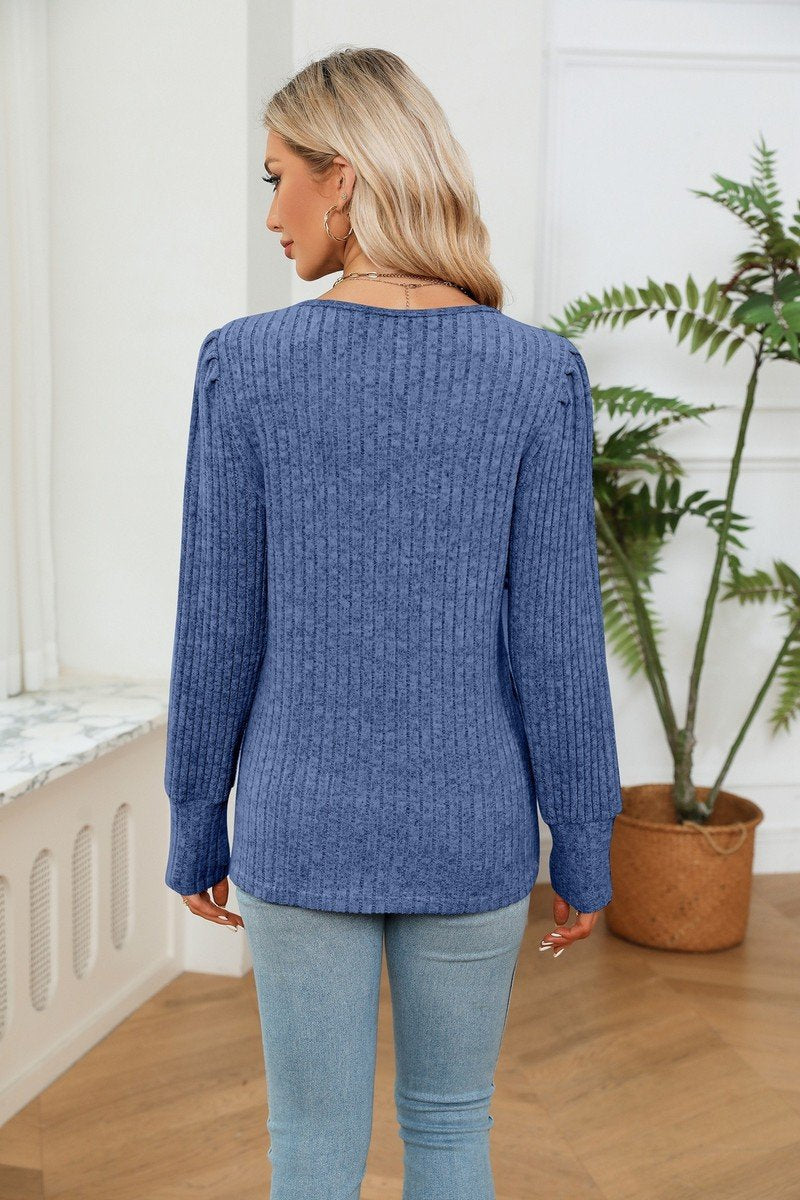 LACE V NECK RIB LOOSE LONG SLEEVE KNIT SHIRT