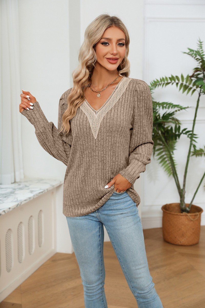 LACE V NECK RIB LOOSE LONG SLEEVE KNIT SHIRT