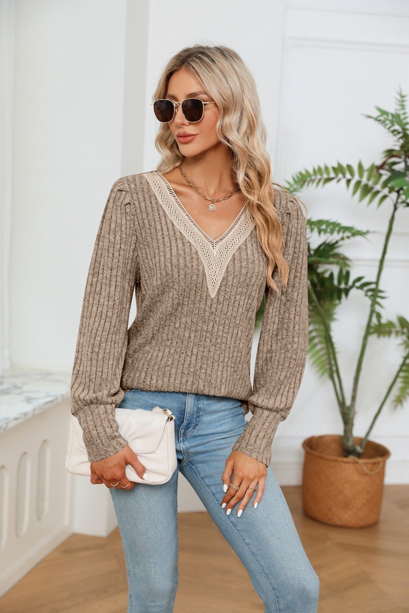 LACE V NECK RIB LOOSE LONG SLEEVE KNIT SHIRT