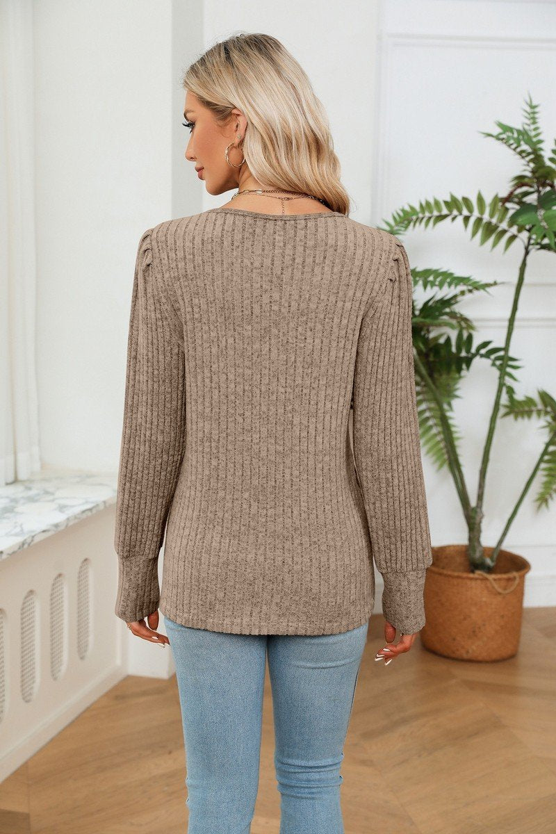 LACE V NECK RIB LOOSE LONG SLEEVE KNIT SHIRT