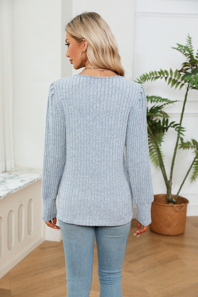 LACE V NECK RIB LOOSE LONG SLEEVE KNIT SHIRT