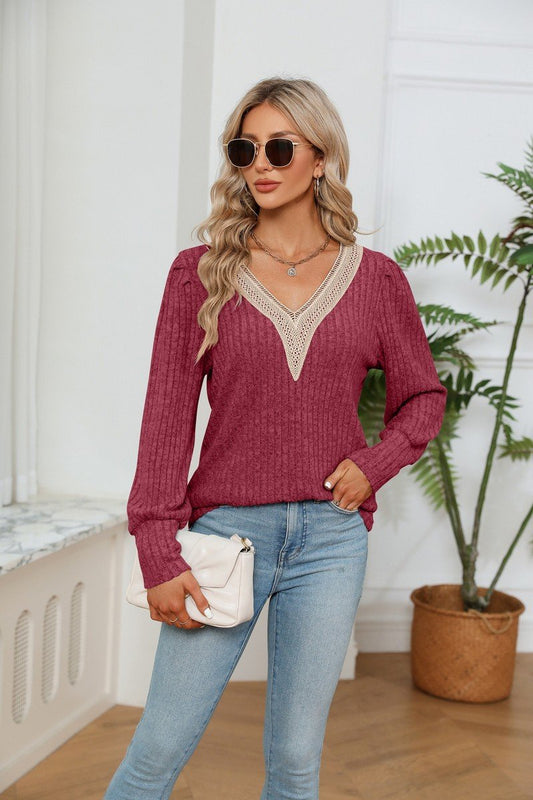 LACE V NECK RIB LOOSE LONG SLEEVE KNIT SHIRT