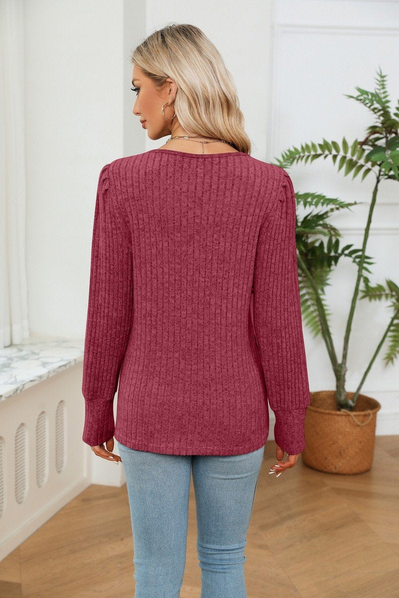 LACE V NECK RIB LOOSE LONG SLEEVE KNIT SHIRT