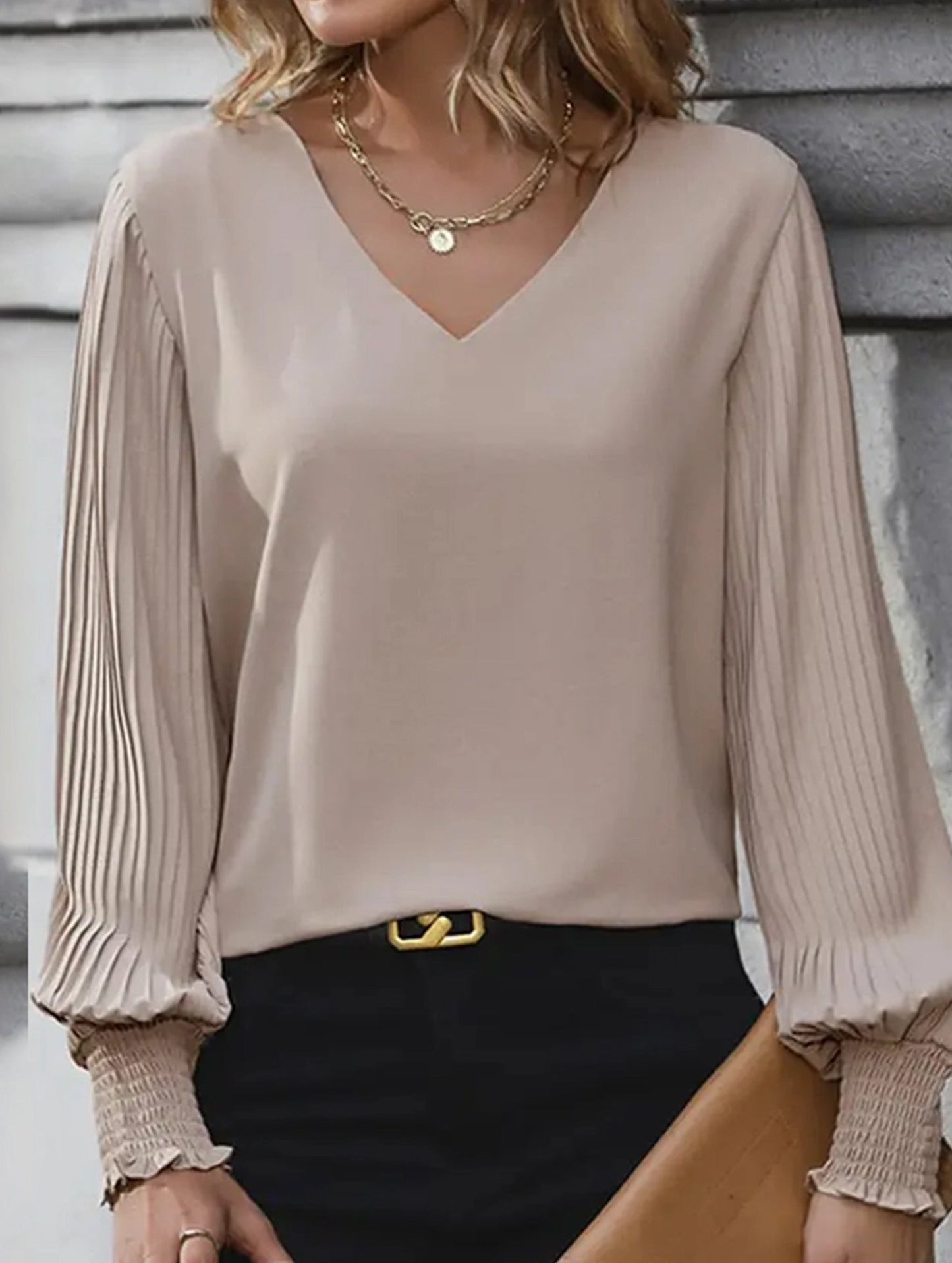 WOMEN V NECK SPLICE PLEATED SHIRT
