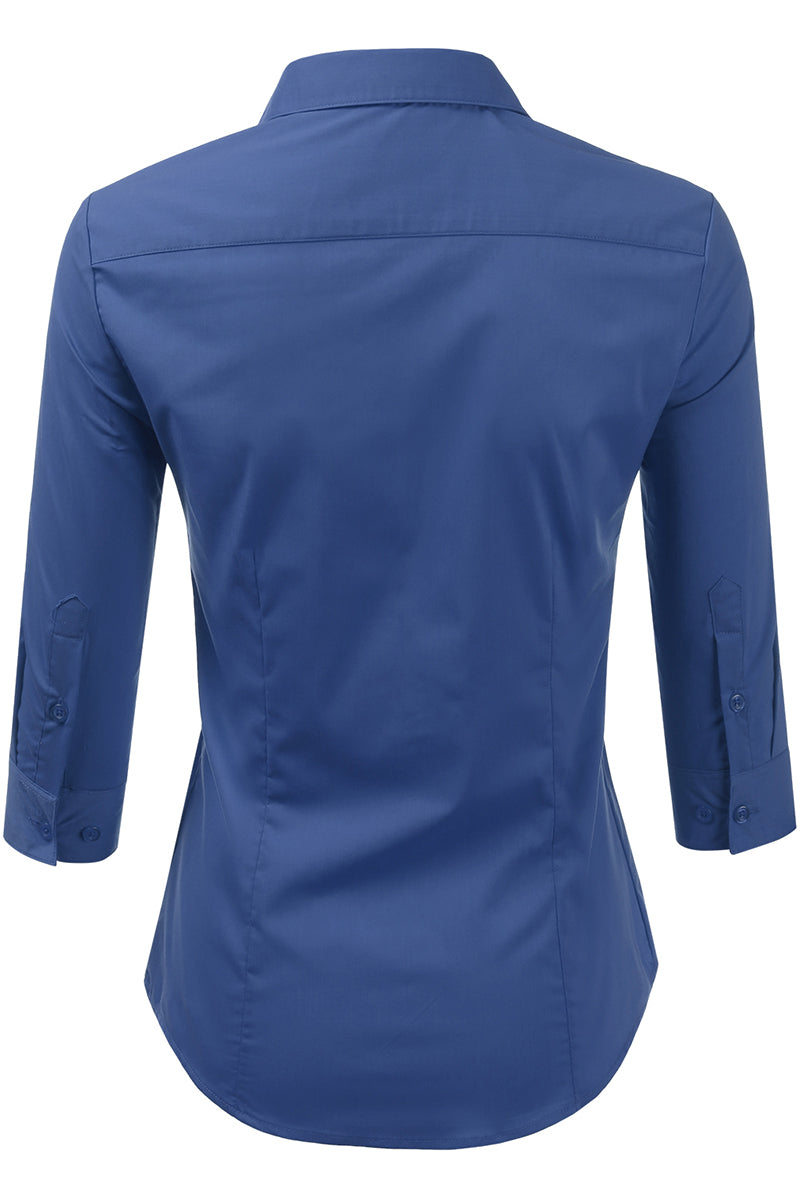 WOMENS BASIC SLIM FIT Y 3/4 SLEEVE BUTTON DOWN COLLARED SHIRT