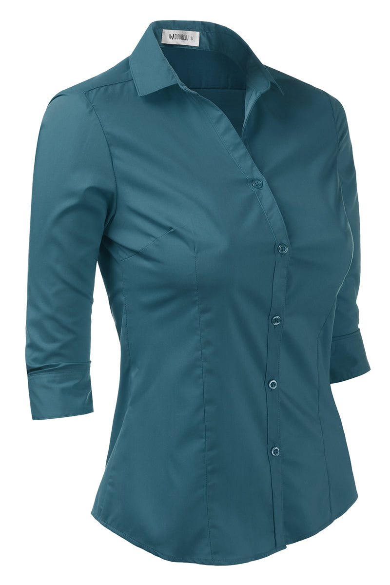 WOMENS BASIC SLIM FIT Y 3/4 SLEEVE BUTTON DOWN COLLARED SHIRT