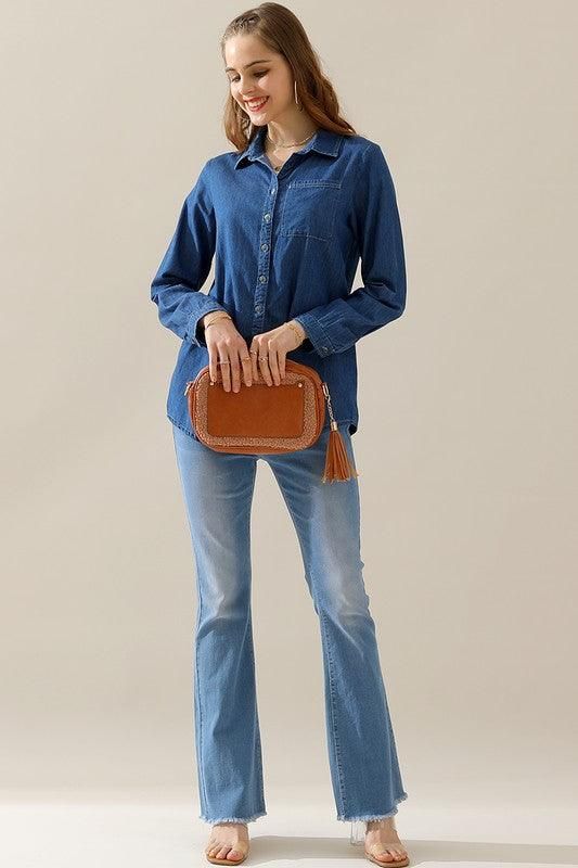 DENIM CHAMBRAY BUTTON UP LONG SLEEVE TOP - Doublju