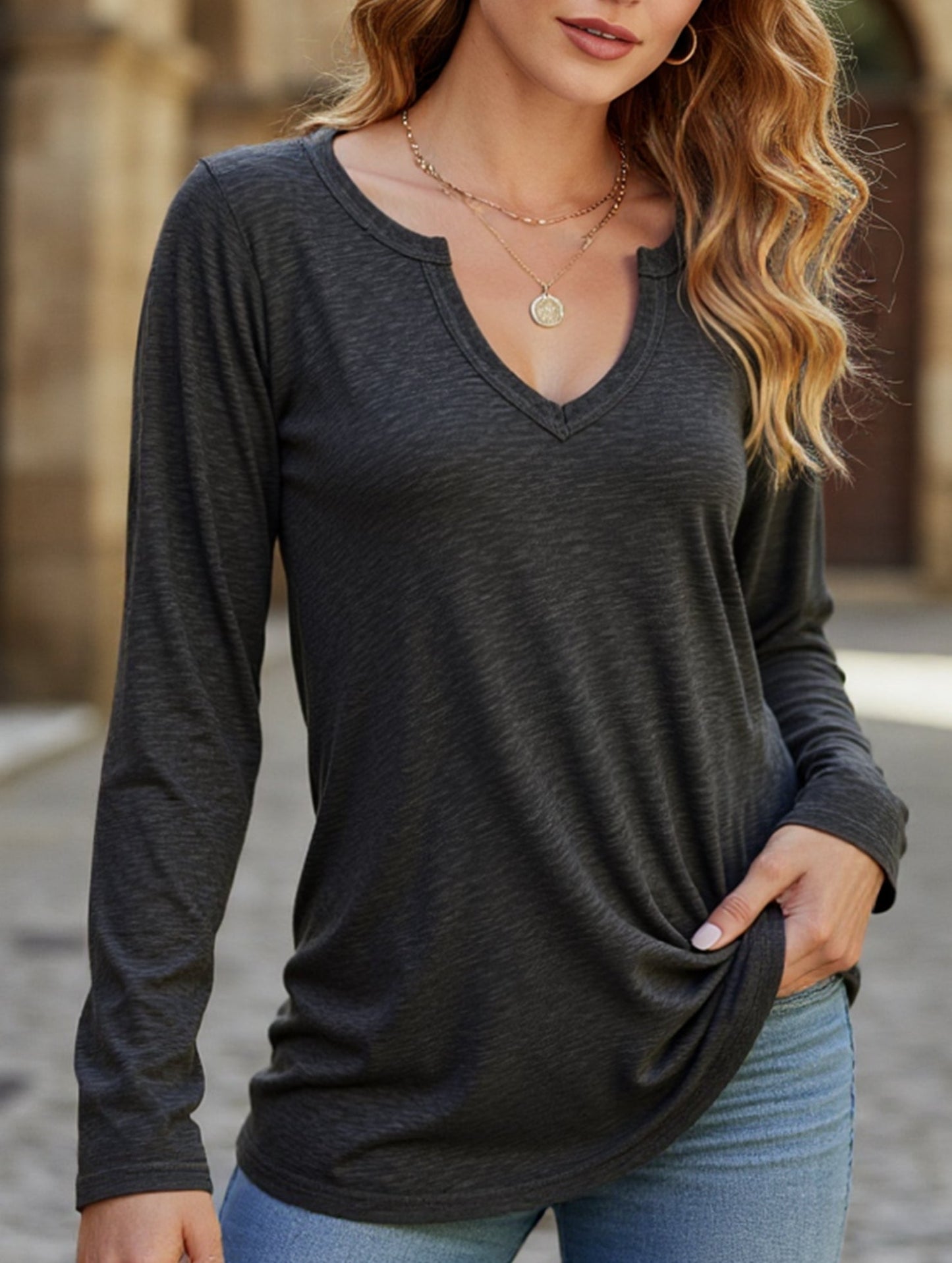 V-neck color cotton long sleeve loose T-shirt