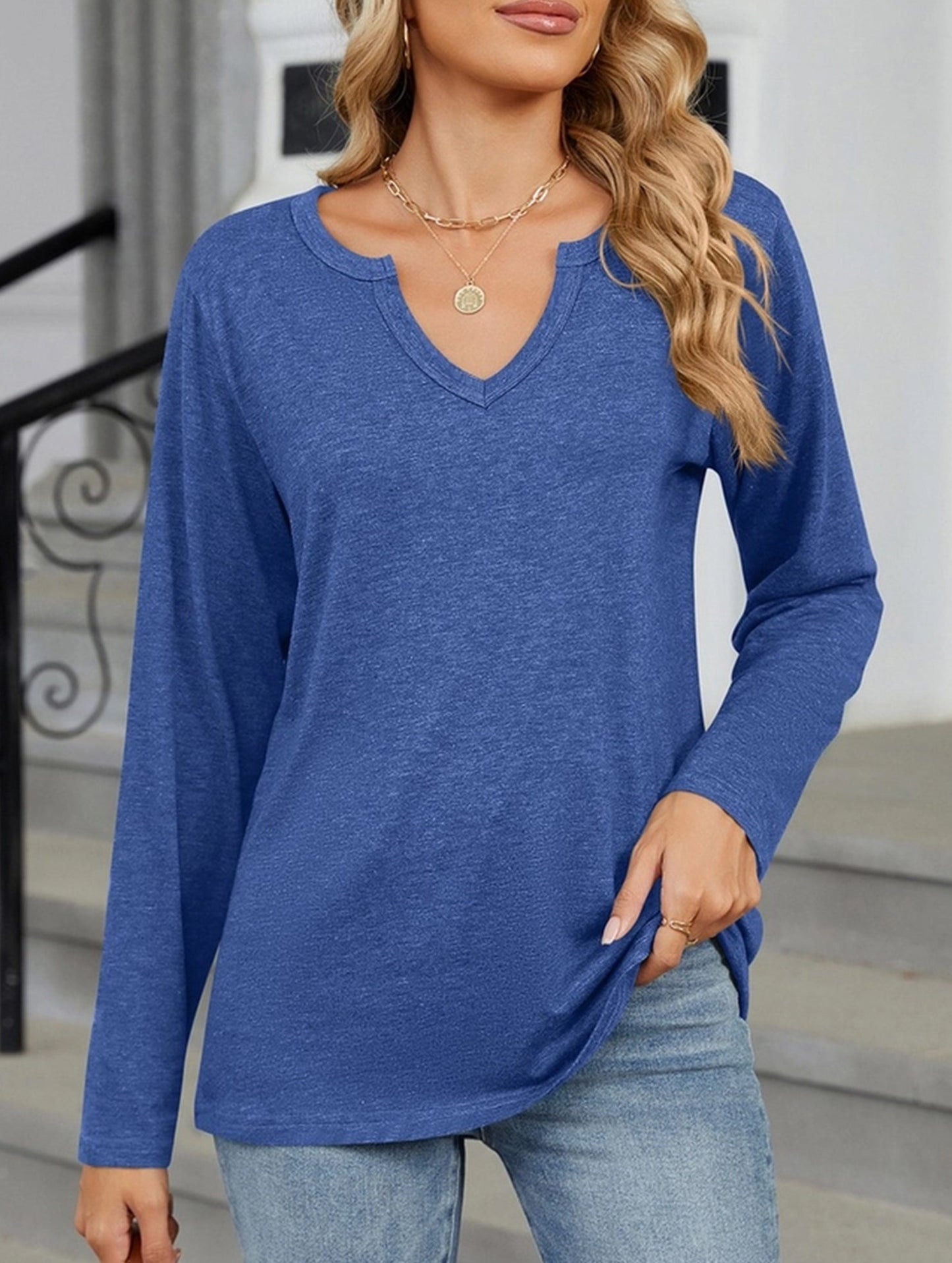 V-neck color cotton long sleeve loose T-shirt