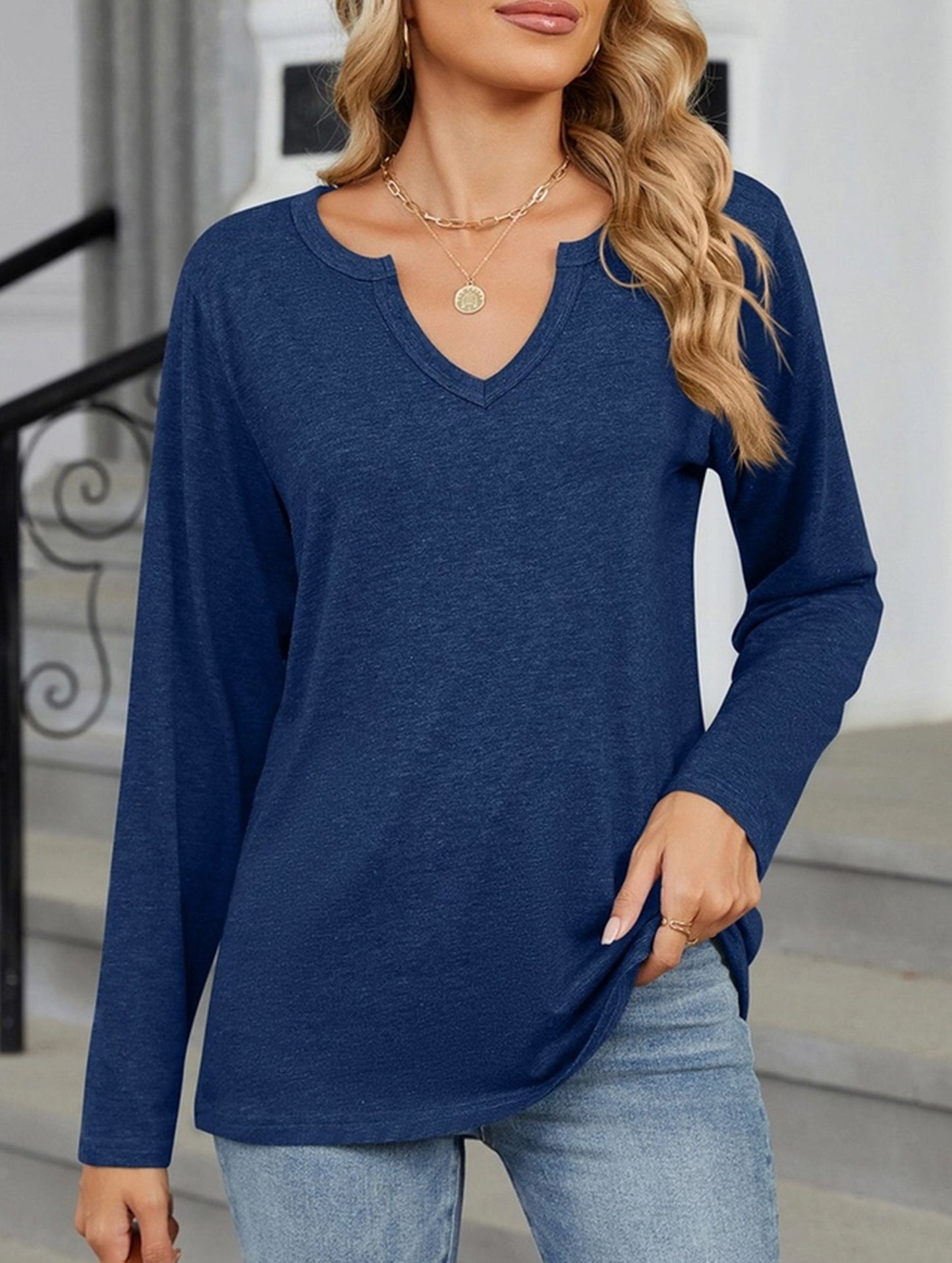 V-neck color cotton long sleeve loose T-shirt