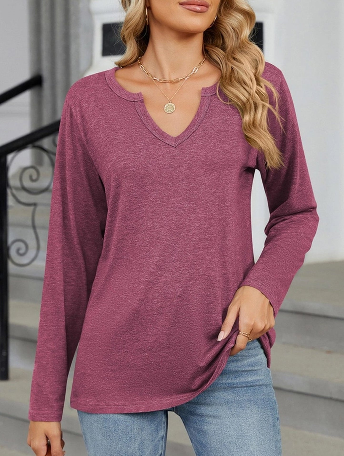 V-neck color cotton long sleeve loose T-shirt