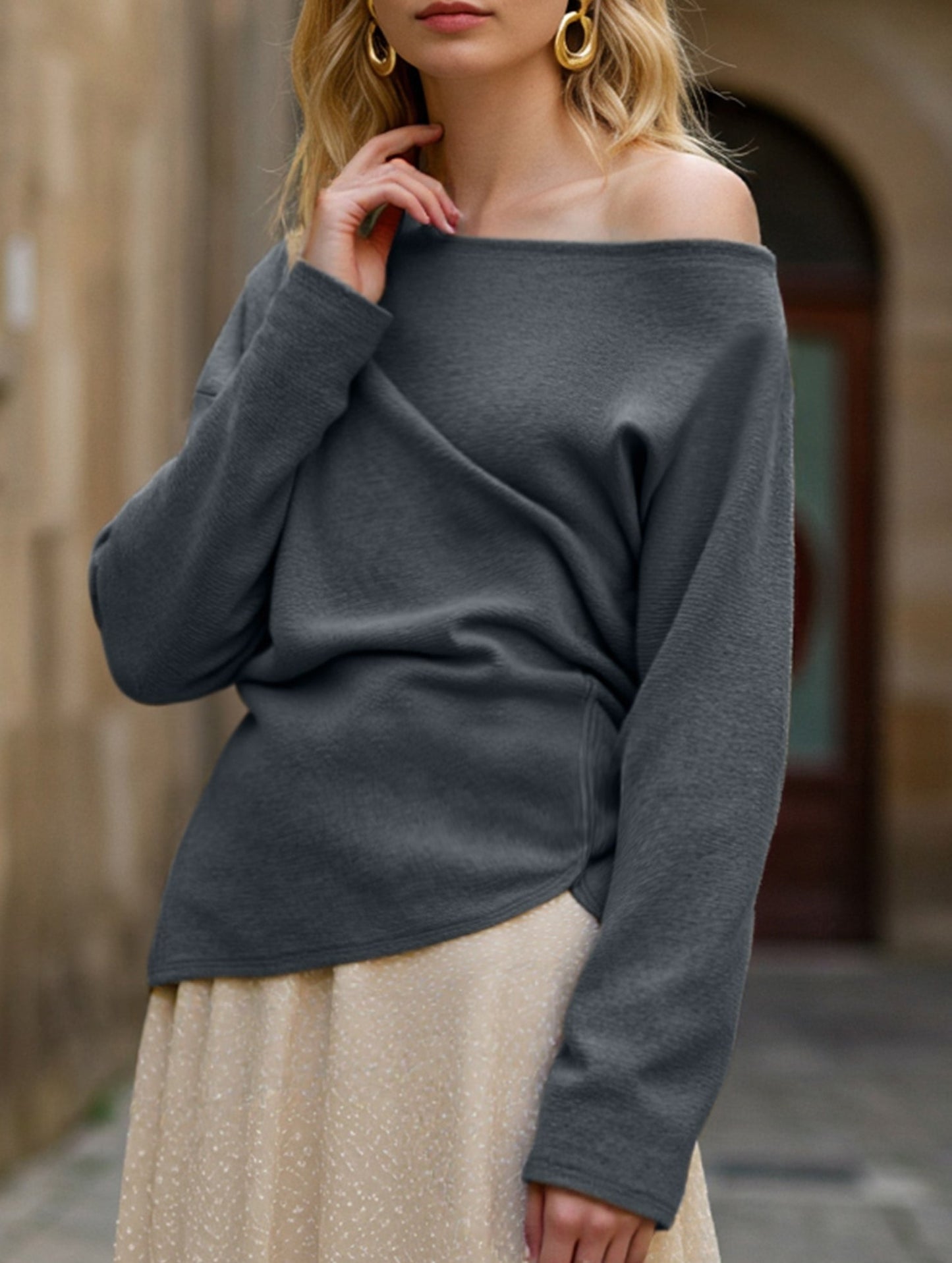 Solid color knit slant shoulder all-in-one casual top