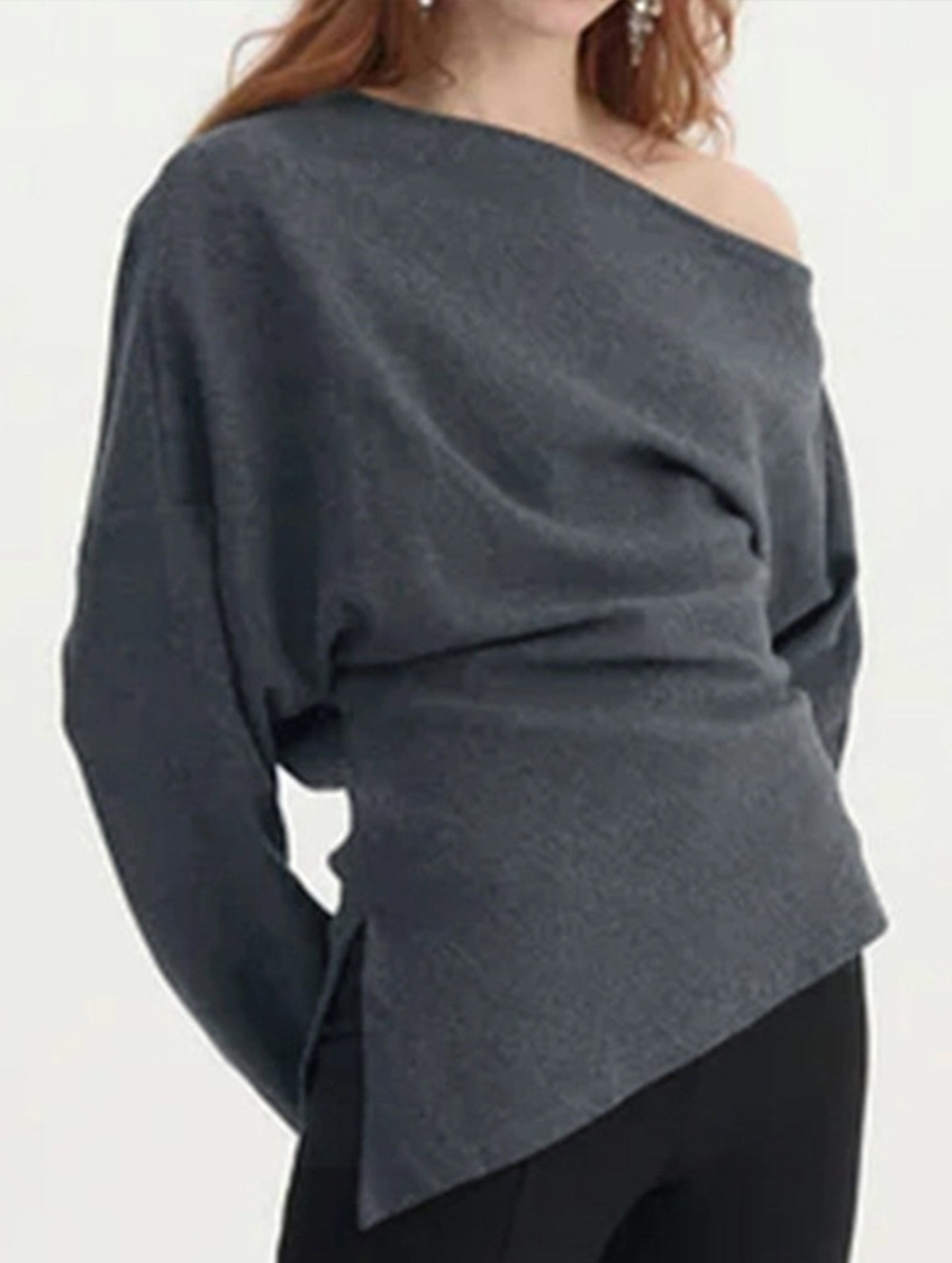 Solid color knit slant shoulder all-in-one casual top