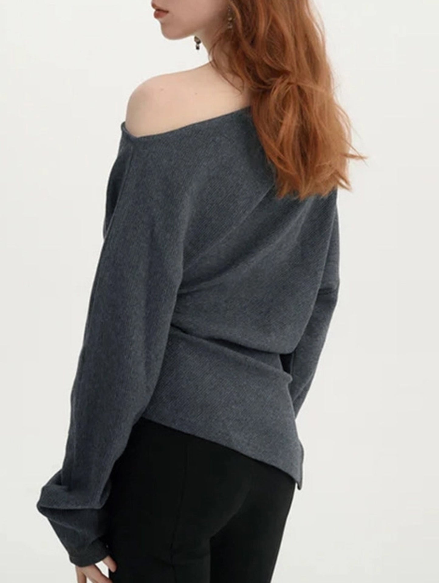 Solid color knit slant shoulder all-in-one casual top